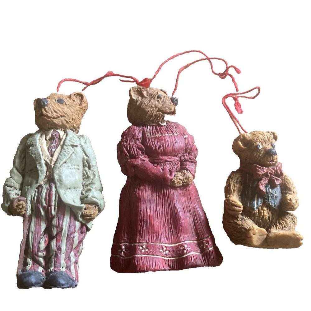 Vintage Lot-3 June McKenna Bear Flatback Ornaments signed -Father, Mother, Baby